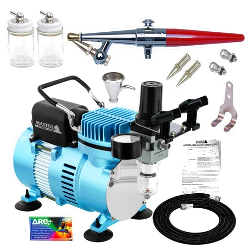 Paasche H Airbrush Set with a Master 1/5 hp Cool Runner II Dual Fan Air Compressor System, Single-Action External Mix Siphon Feed Airbrush, All 3 Head Sizes (1, 3 & 5), Hose, Holder, How-To Guide