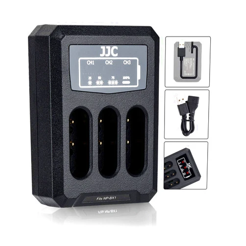 JJC Triple Charger for Sony NP-BX1 Battery, Compatible with Sony ZV-1 RX100 VII RX100 VI RX100 V RX100 IV RX100 III RX100 II HX90 HX90V HX99 HX95 HX80, Built-in USB Cable + 40cm Extension Cable