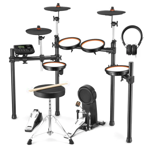 Donner DED-100 Electric Drum Set, Electric Drum for Beginner/Intermediate with Dual Zone Quiet Mesh Drum Pads, Mesh Kick Drum, 30+ Kits and 425 Sounds, Throne, Headphones, Sticks, Melodics Lessons