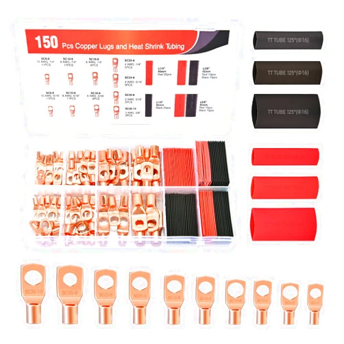 Nilight 150PCS Copper Wire Lugs and Heat Shrink Tubing 2 4 6 8 10 AWG Heavy Duty Battery Terminal Crimp Connectors 70 PCS Copper Lugs 80 PCS 3:1 Heatshrink Tubing Assortment Kit
