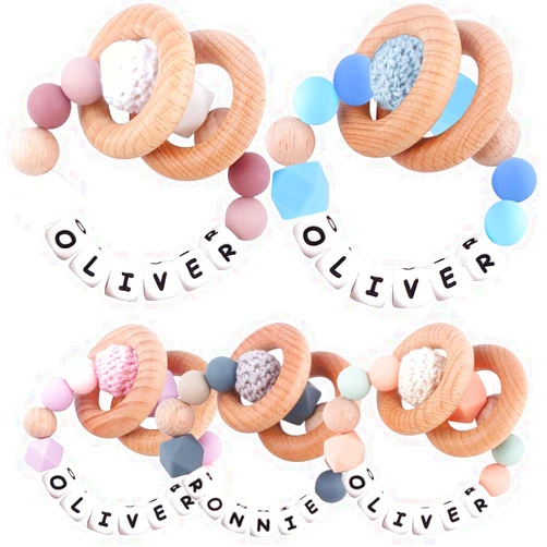 Verxcty Personalized Baby Rattle Ring with Name,Custom Silicone Bracelet Rings Stroller for New Baby Newborn Shower Gift (Wooden Rings)