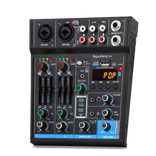 Depusheng 4 Channel USB Interface Mixer, DJ Sound Controller Mini Mixer Professional Digital Audio Portable Sound Mixing Console with Sound Card & Bluetooth Function for PC Recording - Depusheng M4, Black