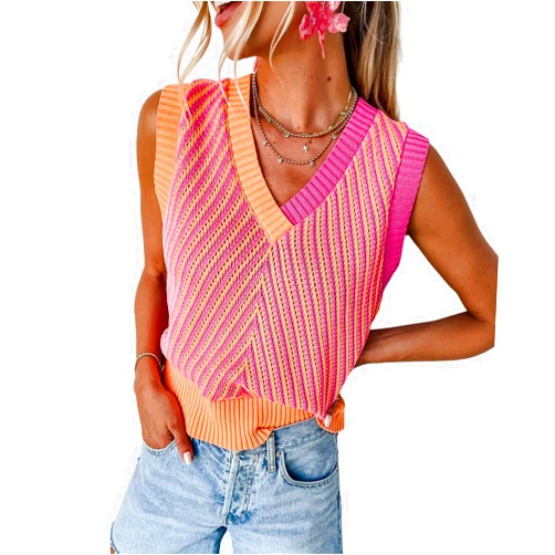 MARZXIN Womens Sleeveless Sweater V Neck Casual Strawberry Pink Contrast Chevron Knit V Neck Sweater Vest