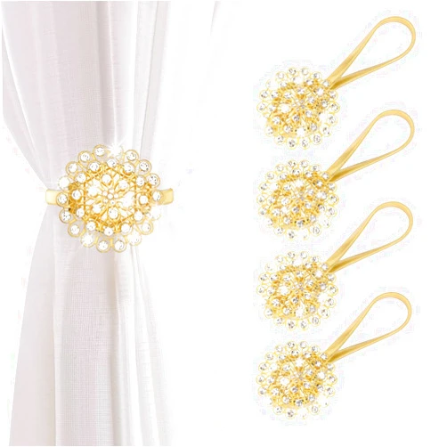 AULEEP Magnetic Curtain Tiebacks, 4 Pack Magnetic Crystal Decorative Drapes Curtain Clips Buckle, Flower Curtain Tie Back, European and American Style (Gold)