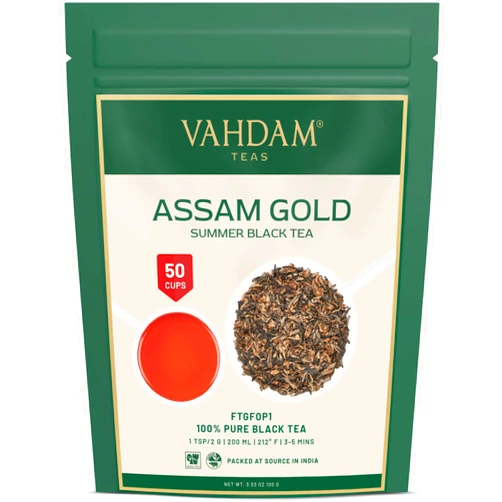 VAHDAM, Second Flush ASSAM GOLD (50 Cups) RICH & MALTY ASSAM TEA Loose Leaf | PURE UNBLENDED Black Tea Loose Leaf | Black Tea Leaves With GOLDEN TIPS | Brew As Hot Or Iced Tea | 3.53oz