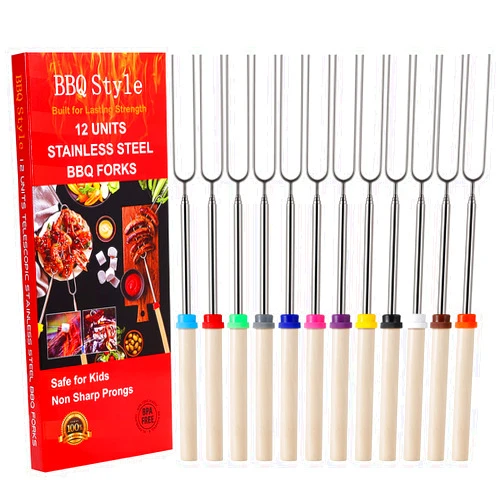 BBQStyle 12 PCS Marshmallow Roasting Sticks, Telescoping Smores Sticks for Open Fire Pit, 32 Inch Long Marshmallow Toasting Barbecue Forks BBQ S'mores Skewers for Campfire Camping Hotdog Hot Dog Bonfire Grill