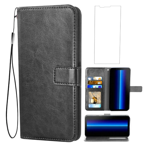 Asuwish Compatible with Sony Xperia 10 ii Wallet Case Tempered Glass Screen Protector and Leather Flip Cover Card Holder Stand Cell Accessories Phone Cases for Experia10ii XQ-AU51 XQ-AU52 Black