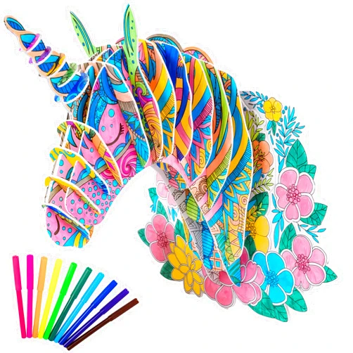 Hautton 3D Coloring Puzzle, Creative DIY Painting Puzzle Set Toy with 10 Colouring Pens, Fun Arts Crafts Gift for Kids Age 3 4 5 6 7 8 9 10 11 12 -Hornhorse