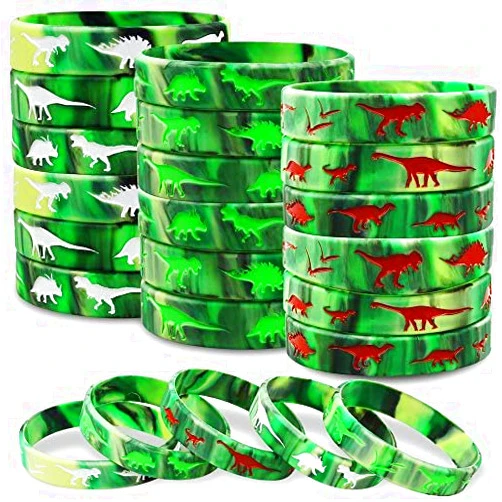 Heqishun 30 Pack Dinosaurs Silicone Wristbands Dinosaurs Bracelets Dinosaurs World Jurassic Party Supplies for Dinosaurs Theme Party Birthday Party Favors Gifts Bags Stuffers - 3 Colors