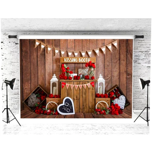 Kate 7x5ft Valentine's Day Backdrop for Photography Brown Vintage Wood Red Rose Kisses Party Backdrop Valentine Party Decoration Background