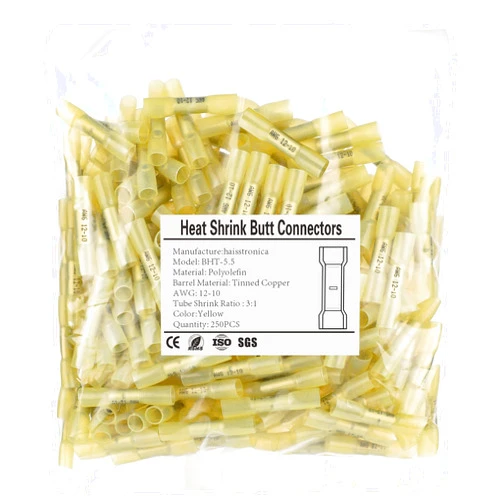 Haisstronica 250PCS Yellow Heat Shrink Butt Connectors AWG12-10,haisstronica Marine Grade Heat Shrink Wire Connectors,Tinned Red Copper 1mm,Waterproof Insulated Crimp Butt Splice Electrical Connectors