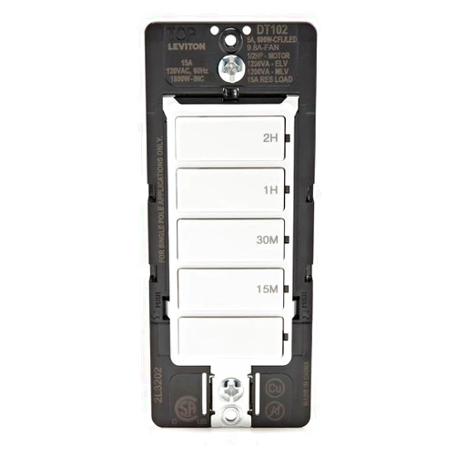 Leviton Countdown Timer Switch for household lights and exhaust fans, 15-30 min, 1-2 hour, No Neutral Wire Required, Single Pole, 15A, 1/2HP/9.8A Fan/Motor, DT102-1LW, White
