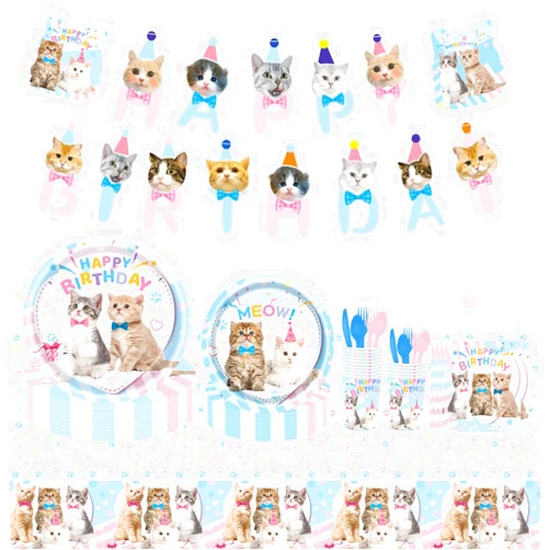 DOFE Cat Party Supplies Birthday Tableware Set Includes Plates, Napkins, Cups,Cutlery,Backdrop Banner Party Favors Kitten Girls Birthday Party Decorations Supplies Serves 24 Guests. (24 set kitten)