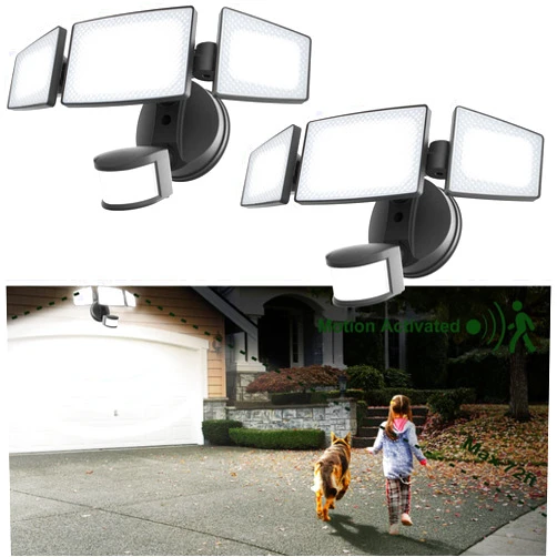 bulbeats LED Security Lights Motion Sensor Light Outdoor, 38W 3800LM Outdoor Flood Light with 3pcs Adjustable LED Heads, 5000K IP65 Waterproof Motion Security Light for Garage, Porch-2Pack