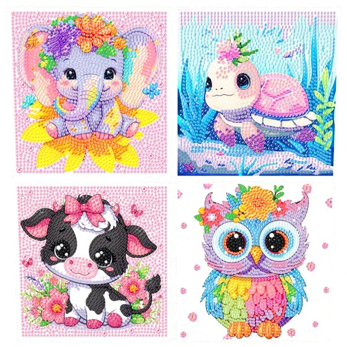 AOSGEDY 4 Pieces Cartoon Diamond Art Kits for Kids, Cute Animals DIY Diamond Art Painting for Adults Beginner, Kids' Mosaic Kits 5D Full Round Drill Gem Art for Home Wall Decor Kids 6X6 inch
