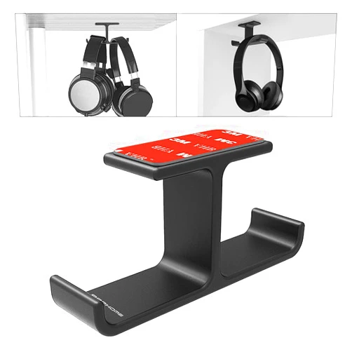 APPHOME Dual Headphone Hanger Stand for Under Desk, Aluminum Adhesive Headset Hook Mount with Screw Option, Space-Saving PC Gaming Accessories for All Headphones, Black