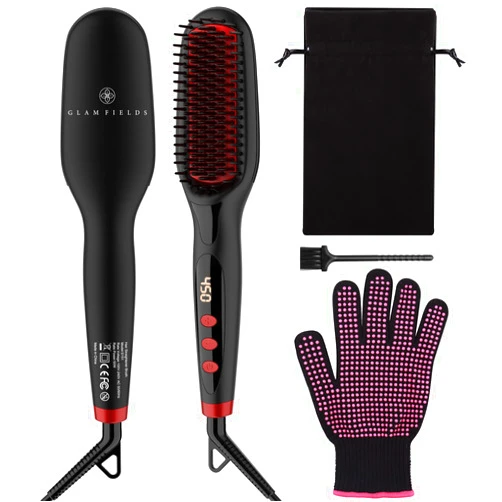GLAMFIELDS Ionic Hair Straightener Brush Upgrade 2.0,GLAMFIELDS Electrical Heated Hair Straightening with Faster Heating, MCH Ceramic Technology, Auto Temperature Lock, Anti Scald, Heat Resistant Glove(Black-01)