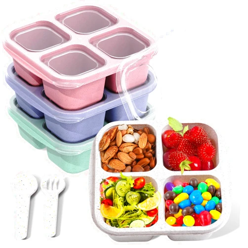 ENESNES 4 Pack Bento Snack Containers Set, Lunchable Containers 4 Compartments, Lunchable Container,Microwave and Dishwasher Safe,4 Colors