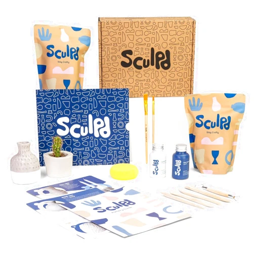Sculpd Pottery Kit, Air-Dry Clay Starter Kit for Beginners with Gloss Varnish, Pottery Kit includes: Paint, Tool Set, Paintbrushes, Sponge and Step-by-Step Guide, Air Drying Clay Kit for Adults