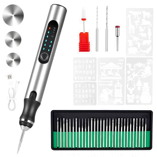 HOTROSE Electric Engraving Pen with 37 Bits, USB Rechargeable Cordless Engraving Machine, Portable DIY Rotary Engraver for Jewelry Wood Glass Stone Carving (Silver)