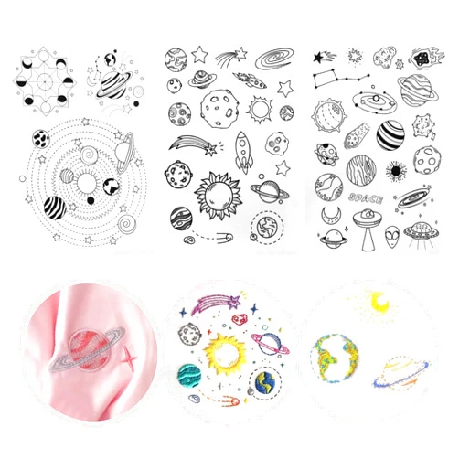 KEIFIN 50 Pcs Stick and Stitch Embroidery Paper Designs 3 Sheets A4 Planet Style Water Soluble Embroidery Patterns Adhesive Embroidery Transfer Paper with Pre-Printed Patterns for Hand Sewing Lover Beginners