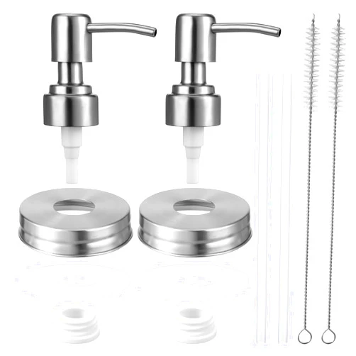 FdcLixuvol 2 Packs Soap Dispenser Pumps and Lids for Regular Mouth Mason Jar Stainless Steel Soap Dispenser Pump Lid Replacement Accessories Silver Lotion Dispenser Soap Pumps for Kitchen Bathroom Farmhouse