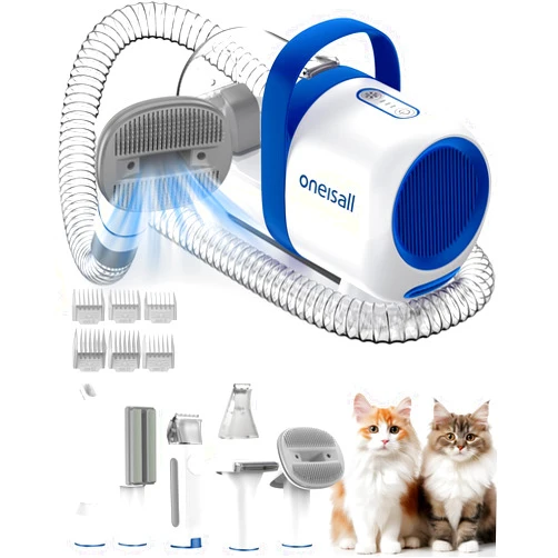 oneisall Cat Grooming Vacuum, Low-Noise Pet Vacuum Grooming Kit with Brush & Clippers for Hair Shedding Trimming Grooming, 6 in 1 Cat Vacuum Groomer for Pet Hair Grooming