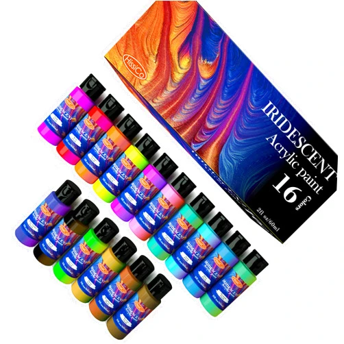 HissiCo Iridescent Acrylic Paint Set of 16 Chameleon Colors 60ml 2 OZ Bottles, High Viscosity Shimmer Paint for Artists, Beginners on Rocks, Crafts, Canvas, Wood, Fabric, Ceramic