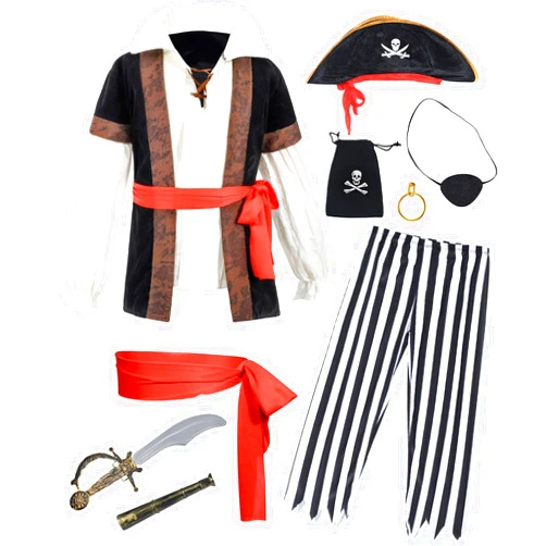 TOGROP 9 PCS Pirate Costume Kids Coat Pants Hat with Accessories Deluxe Set for Party Cosplay 3-12 Years