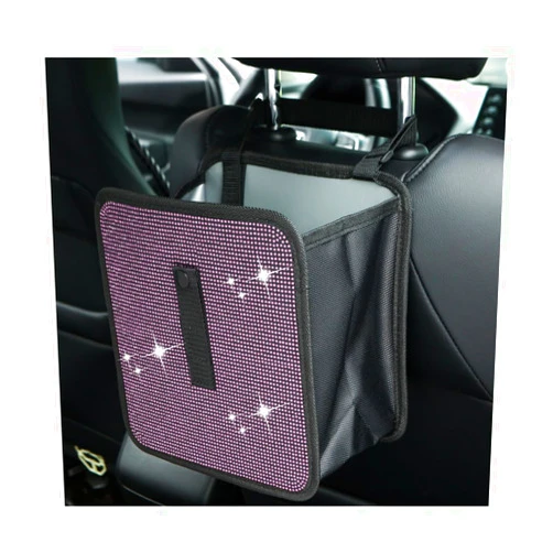 Ohleats Foldable Car Trash Can, Bling Rhinestone Oxford Auto Hanging Garbage Bag, Crystal Leakproof Foldable Waste Organizer Universal for Most Vehicles, Interior Car Accessories (Light Pink)