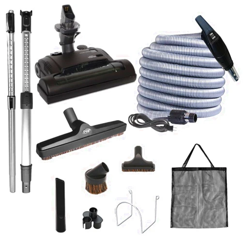 OVO Accessory Central Vacuum Kit, 50ft ON/Off High-Voltage Hose with Pigtail, Deluxe 6 Adjustable Height Electric Carpet Beater, 12’’ Premium Floor Brush, Cleaning Tools and Easy Storage Acc, Black