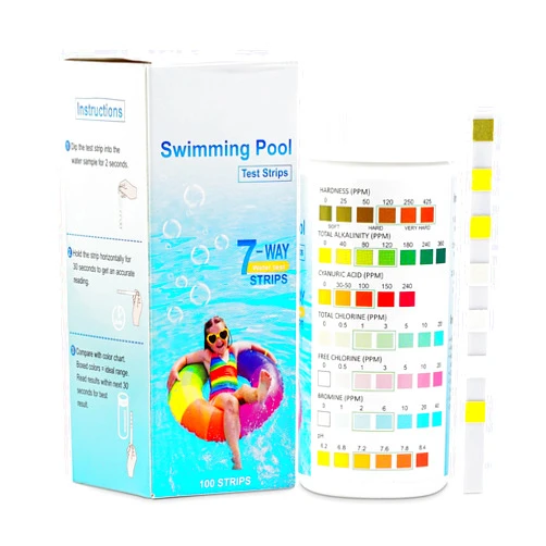 Hyddeb 7-Way Pool Test Strips - 100 Strips Water Testing Kit for Pool Water Tests, Spa and Hot Tub Test Strips Accurate to Detect Bromine, Hardness, pH, Chlorine, and More (7 in 1 Pool Test Strips)