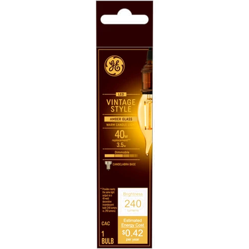 GE Vintage Style LED Light Bulbs, 40 Watt, Amber Finish, Warm Candle Light, Decorative Bulb, Small Base (1 Pack)
