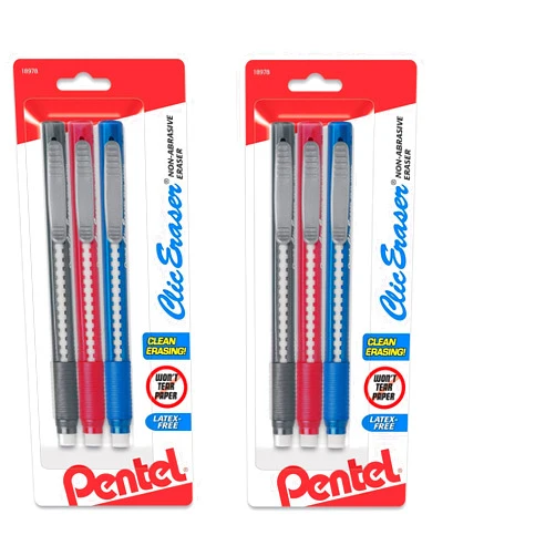 Pentel Clic Retractable Eraser with Grip, 3 Count - Pack of 6
