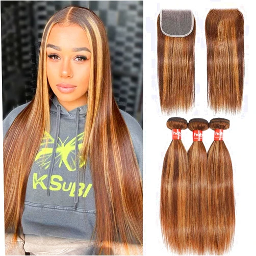Haha P4/27 Honey Blonde Highlight Bundles With Lace Closure Human Hair Brown Blonde Ombre Straight Human Hair Bundles With Closure 4x4 Brazilian Remy Virgin Hair Weave Sew In Extensions 14 16 18+12