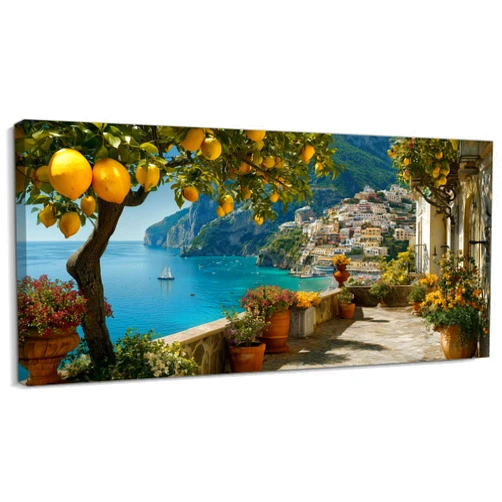CXVU Extra Large Mediterranean Amalfi Coast Lemon Tree Canvas Wall Art, Vibrant Italy Terrace Painting, Serene Coastal Italian Artwork Print for Living Room Kitchen Home Decor 30x60