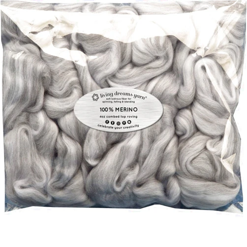Living Dreams Yarn Spinning Fiber - Felting Wool Super Soft Merino Combed Top Roving for Hand Spinning, Needle Felting, Wet Felting, Dryer Balls and Overdying. Natural White and Grey