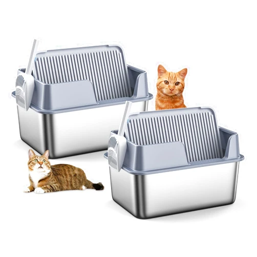 ZeroPone Enclosed Stainless Steel Cat Litter Box,11 Inch High Extra Large Litter Box for Big Cats XL Metal Litter Pan Tray with High Wall Sides Enclosure, Litter Mat and Scoop, Non-Sticky (2 Pack)
