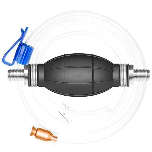 MILADO Hand Siphon Pump - Fuel Transfer Pump, Portable Gasoline Transfer Pump with 10 Ft PVC Hoses, Clip & Brass for Oil, Diesel, Water & Liquids.