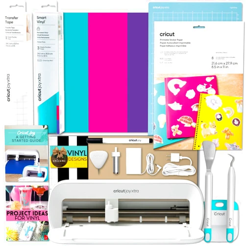 Cricut Joy Xtra Machine with Printable Sticker Paper and Vinyl Sampler Bundle - Beginner Sticker and Decal Making Kit with Cutting Machine and Tools -DIY Decor, Tumbler Stickers and Laptop Decals