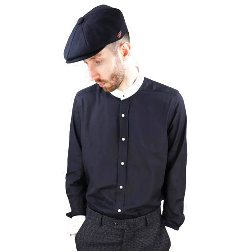 TruClothing Giobellini Mens Blinders Herringbone Shirt Detachable Collar Penny Button Collarless - Black M (40