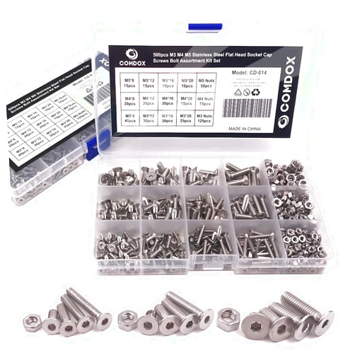 Comdox 500pcs Socket Cap Screws Hex Head Bolt Nuts Assortment Kit with Box, Stainless Steel, M3 M4 M5 Thread Size, Full Thread, Countersunk Head, Allen Hex Drive