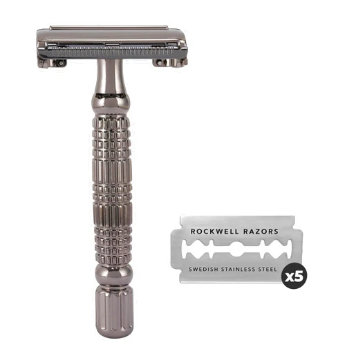 ROCKWELL RAZORS R1 Safety Razor in Gunmetal, Butterfly Open Mechanism with 5 Double Edge Blades