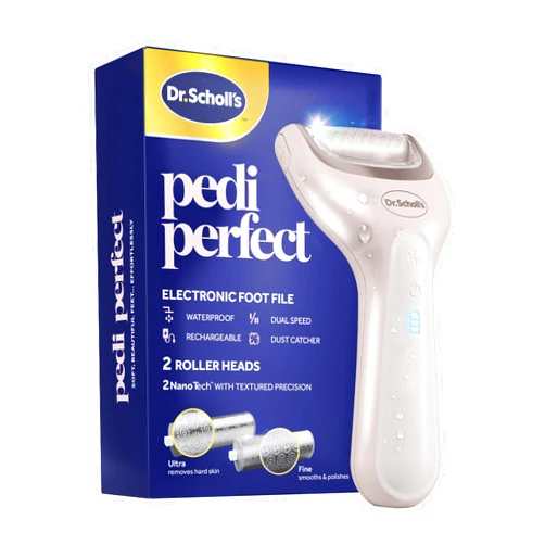 Dr. Scholl's Pedi Perfect Electric Foot Callus Remover, Waterproof, Rechargeable with x2 Roller Heads, Removes Hard Skin for Soft Beautiful Feet, 90 Minute Run Time, Dust Catcher, Pedicure Tools