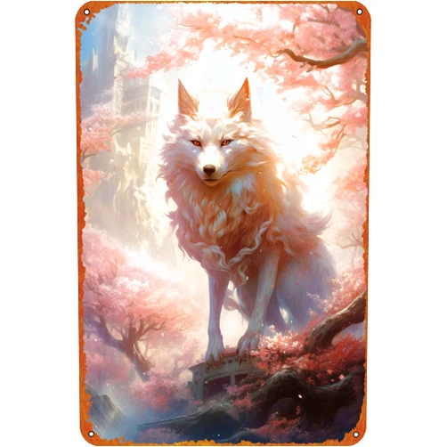 KIVYYB White Kitsune Fox Spirit Poster Metal Plaque Tin Sign,Vintage Metal Pub Club Cafe bar Home Wall Art Decoration Poster Retro 8x12 inches
