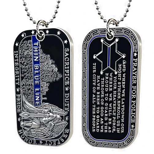 AtSKnSK Police Officers Challenge Coin St. Michael Thin Blue Line Dog Tag Pendant Necklace
