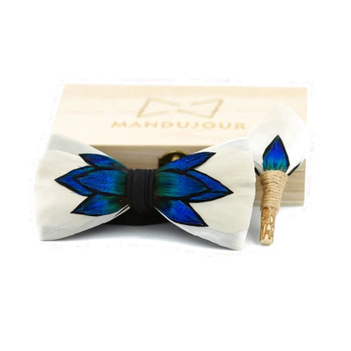 Mandujour Columbus Flower Bomb Feather Bow Tie with Feather Lapel Pin Set | Mandujour Handmade | Unique Handcrafted Accessories for Men