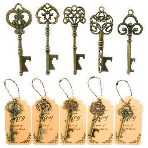 WODEGIFT 50pcs Bottle Opener,Wedding Favors Vintage Skeleton Key Bottle Opener,Key Bottle Openers with Escort Tag Cards and Key Chains Wedding Gifts for Guest（Bronze,5 styles）