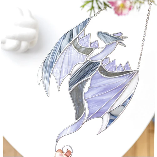 Handmade Purple Grey Dragon Mysthic Theme Home Wall Window Home Decor Stained Glass Sun Catcher. Indoor Outdoor Decor. Mother's Day Gift. Real Glass Panel