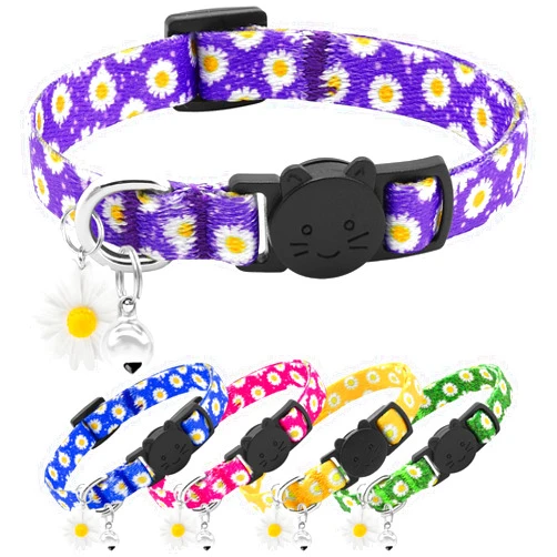 BiPawTi Purple Kitten Collars for Girls Cat, Floral Daisy Cat Collar Soft Cotton Breakaway Collars with Daisy Pendant, Safety Removable Kitty Collars for Female Cats Male Cats - Purple Daisy Cat Collars